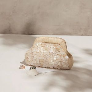 KAYU LILA SHELL EMBELLISHED STRAW CLUTCH BAG